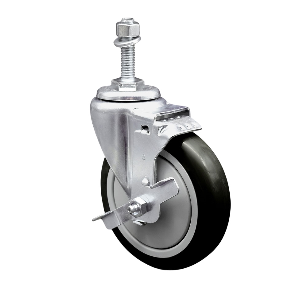 Stainless Steel Polyurethane Swivel Threaded Stem Caster with 5 x 1.25 in. Black Wheel & 0.38 in. Stem & Top Locking Brake