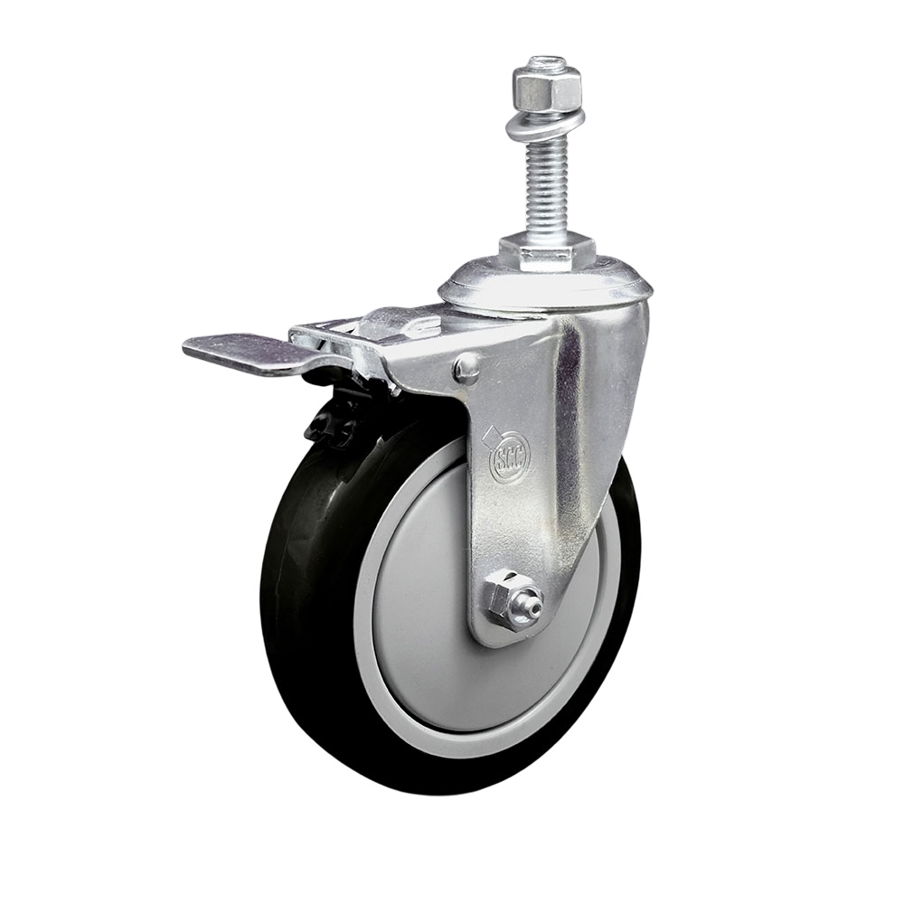 Stainless Steel Polyurethane Swivel Threaded Stem Caster with 5 x 1.25 in. Black Wheel & 0.38 in. Stem & Total Locking Brake