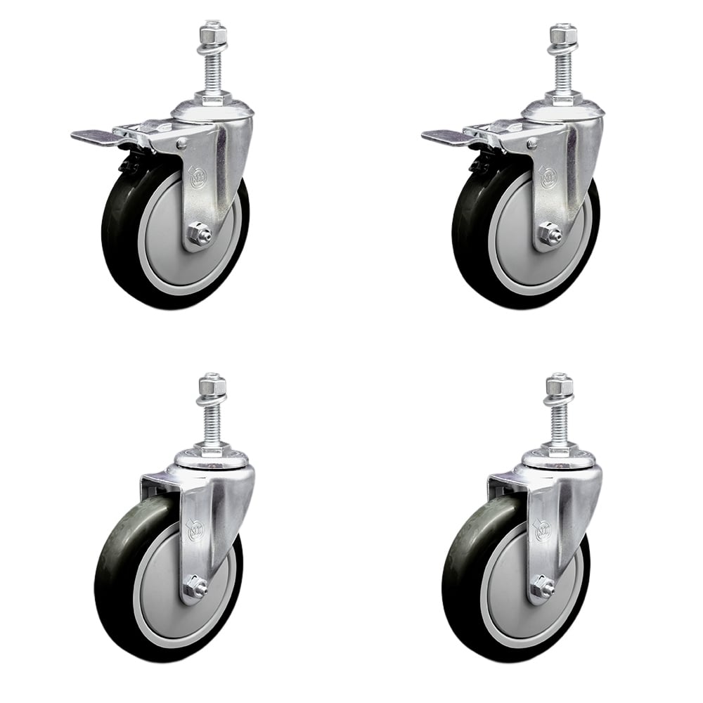 Stainless Steel Polyurethane Swivel Threaded Stem Caster with 5 x 1.25 in. Black Wheels & 10 mm Stems - Set of 4