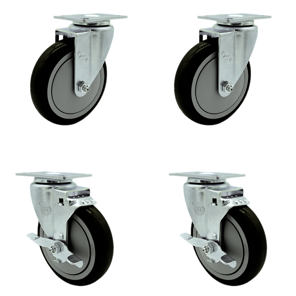 SCC-SS20S514-PPUB-BLK-2-TLB-2 Stainless Steel Polyurethane Swivel Top Plate Caster with 5 x 1.25 in. Black Wheels - Set of 4