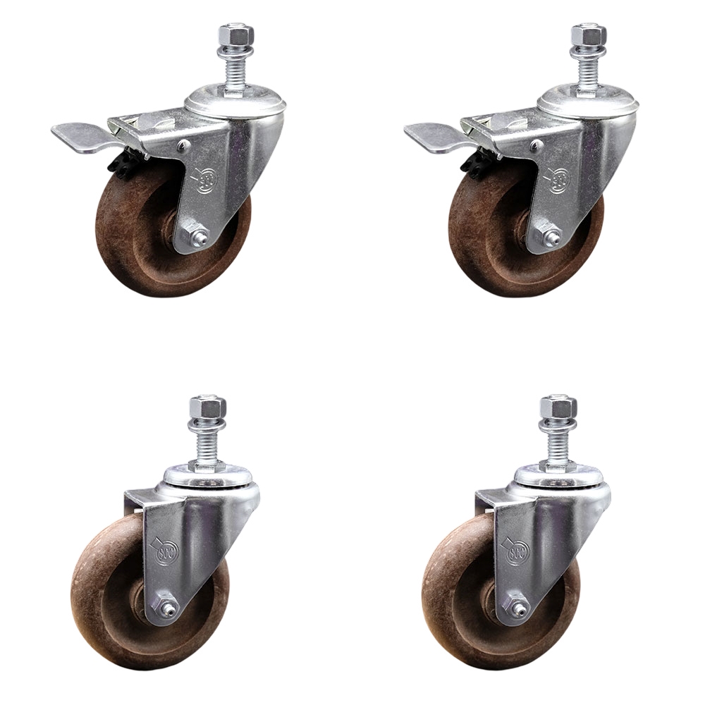 High Temperature Glass Filled Nylon Swivel Threaded Stem Caster with 4 x 1.25 in. Brown Wheels & 0.5 in. Stems - Set of 4