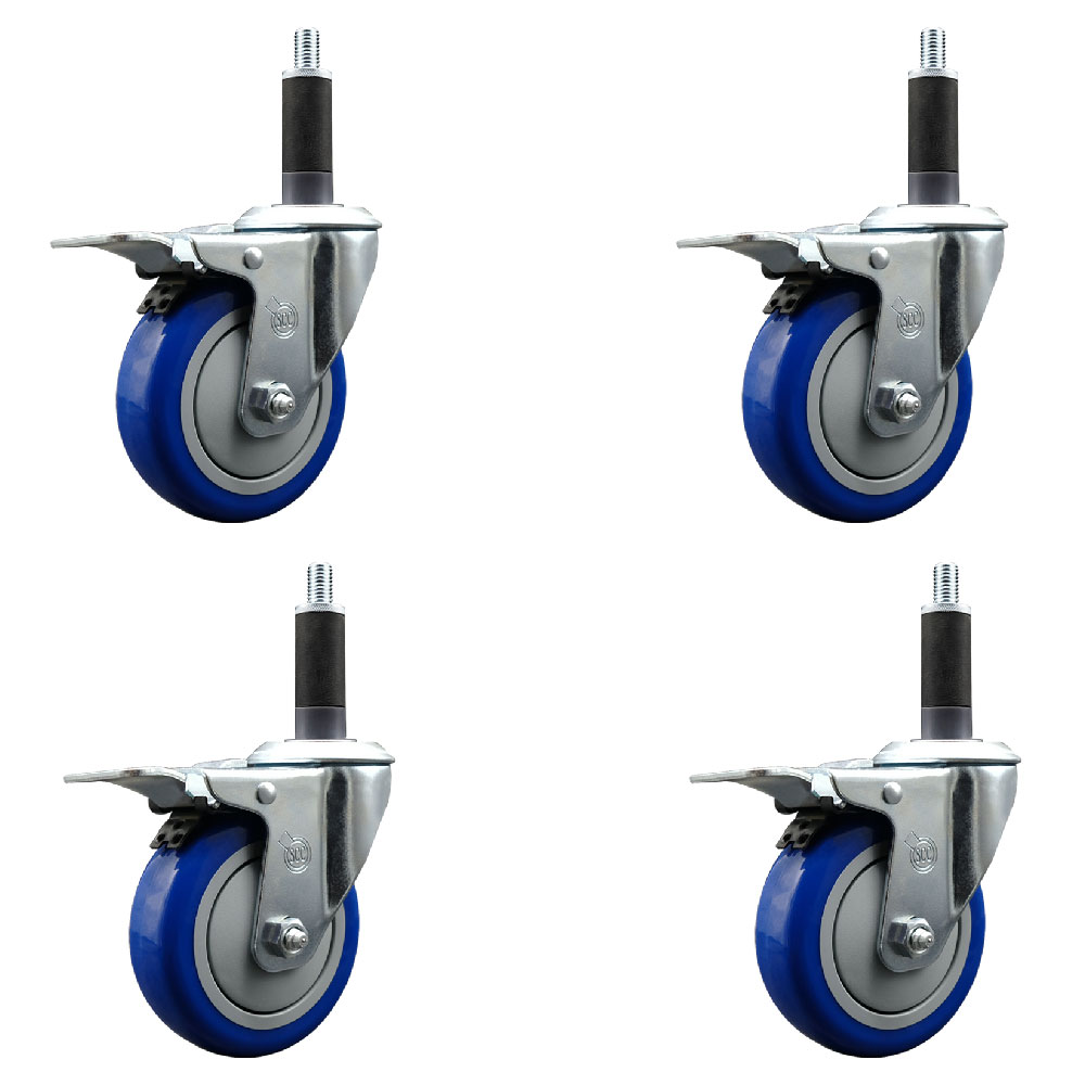 Stainless Steel Polyurethane Swivel Expanding Stem Caster with 4 in. Blue Wheels & 1 in. Stems 4 Swivel with Total Locking Brakes - Set of 4