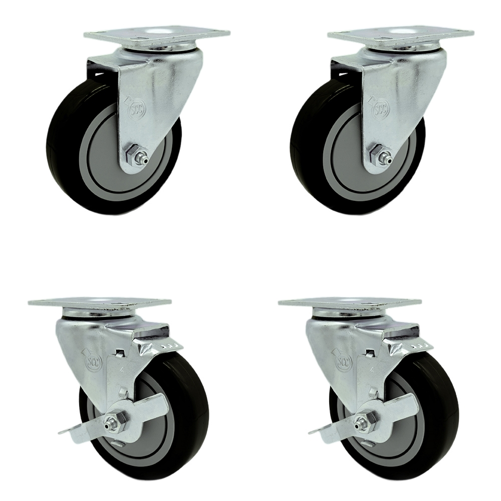 SCC-20S414-PPUB-BLK-2-TLB-2 Polyurethane Swivel Top Plate Caster with 4 in. Black Wheels - Set of 4