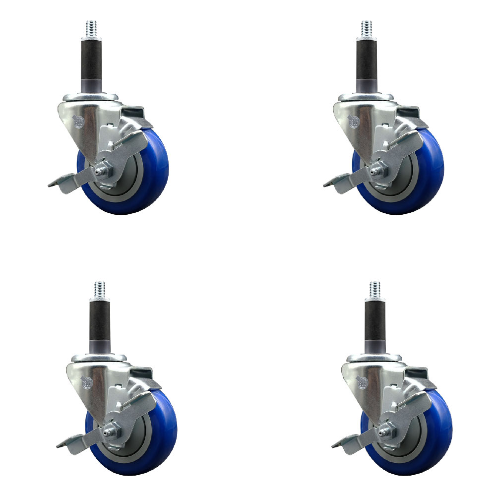 Stainless Steel Polyurethane Swivel Expanding Stem Caster with 3.5 in. Blue Wheels & 1 in. Stems 4 Swivel with Top Locking Brakes - Set of 4