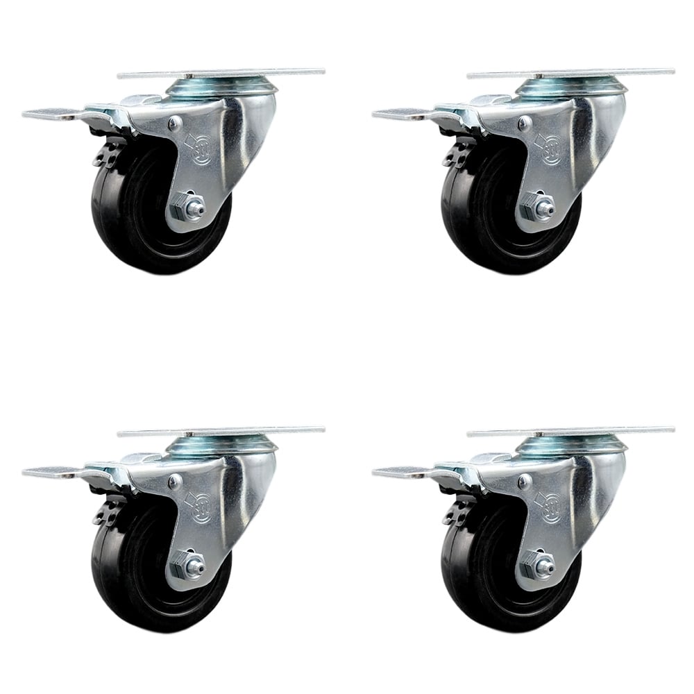 SCC-TTL20S314-HRS-4 Hard Rubber Swivel Top Plate Caster with 3 in. Black Wheels - Set of 4
