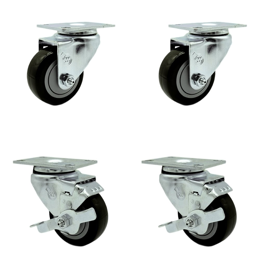 SCC-20S314-PPUB-BLK-2-TLB-2 Polyurethane Swivel Top Plate Caster with 3 in. Black Wheels - Set of 4