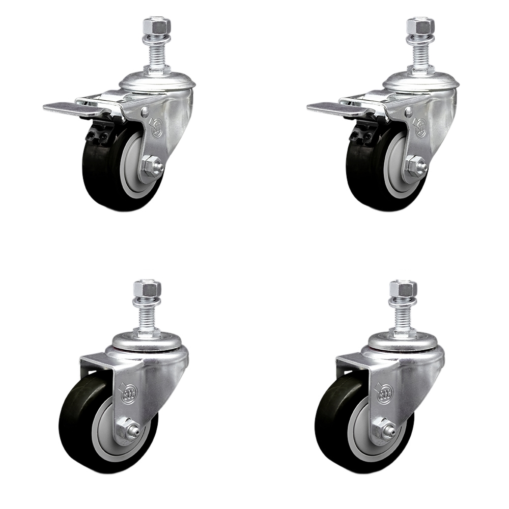 Stainless Steel Polyurethane Swivel Threaded Stem Caster with 3.5 x 1.25 in. Black Wheels & 0.5 in. Stems - Set of 4