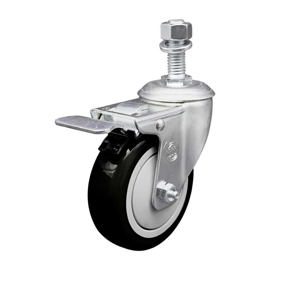 Stainless Steel Polyurethane Swivel Threaded Stem Caster with 4 x 1.25 in. Black Wheel & 0.5 in. Stem & Total Locking Brake