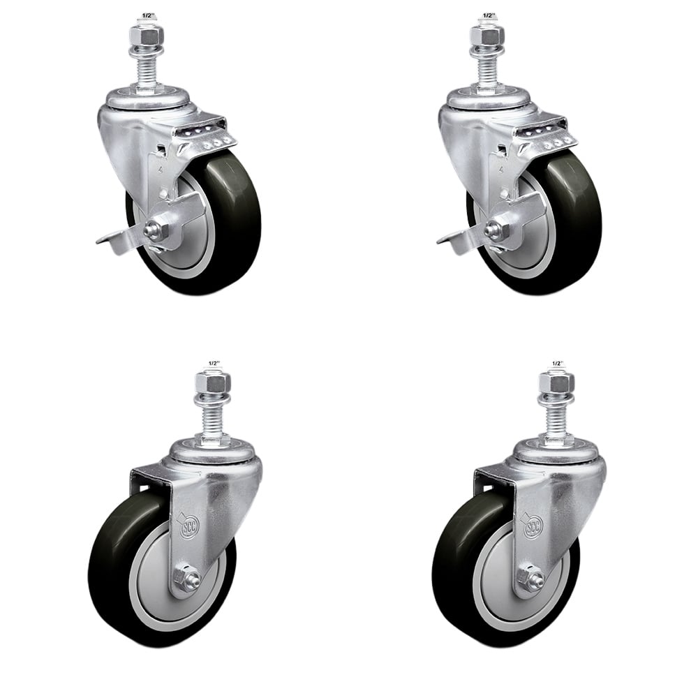 Stainless Steel Polyurethane Swivel Threaded Stem Caster with 4 x 1.25 in. Black Wheels & 0.5 in. Stems - Set of 4