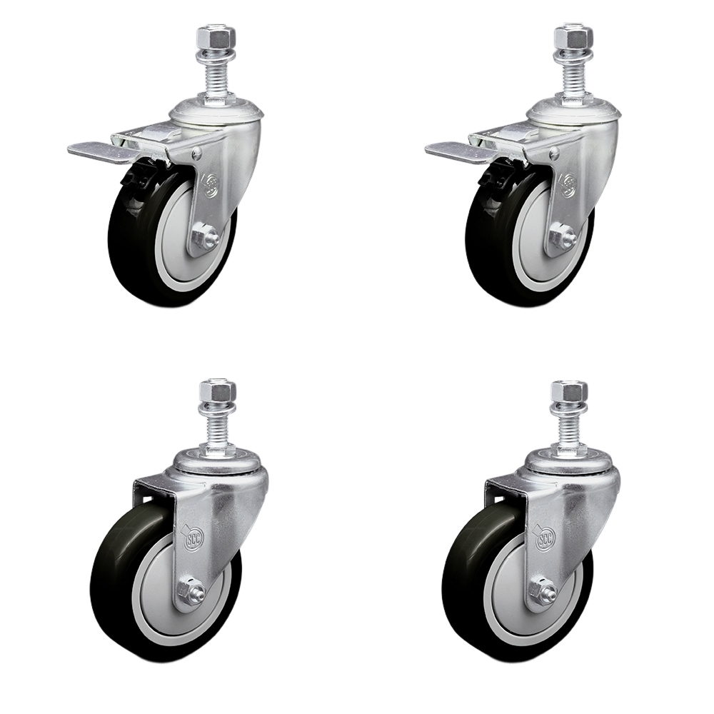 Stainless Steel Polyurethane Swivel Threaded Stem Caster with 4 x 1.25 in. Black Wheels & 0.5 in. Stems - Set of 4