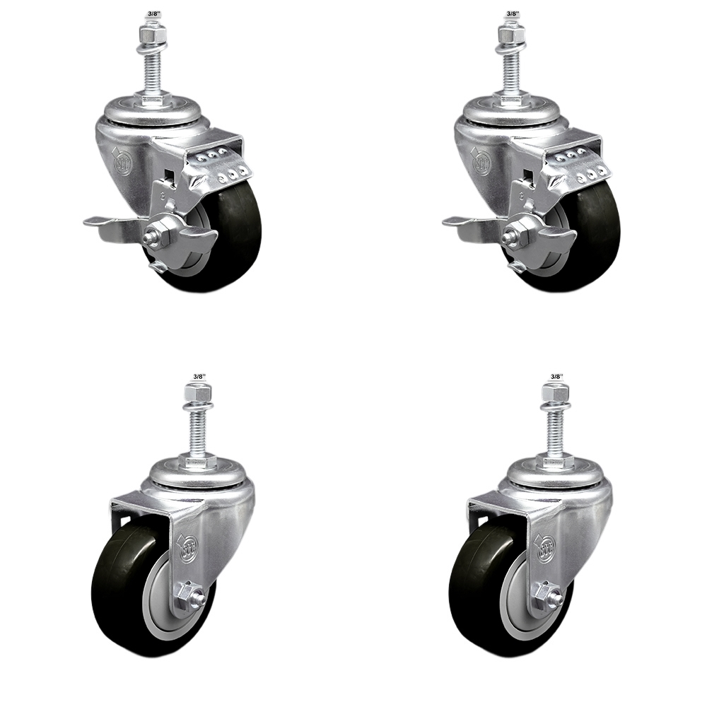 Stainless Steel Polyurethane Swivel Threaded Stem Caster with 3 x 1.25 in. Black Wheels & 0.38 in. Stems - Set of 4
