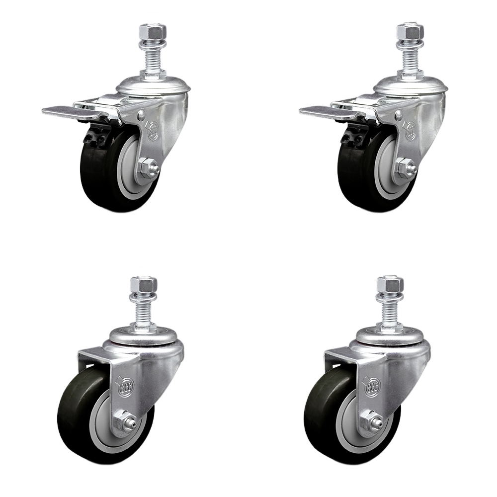 Stainless Steel Polyurethane Swivel Threaded Stem Caster with 3.5 x 1.25 in. Black Wheels & 12 mm Stems - Set of 4