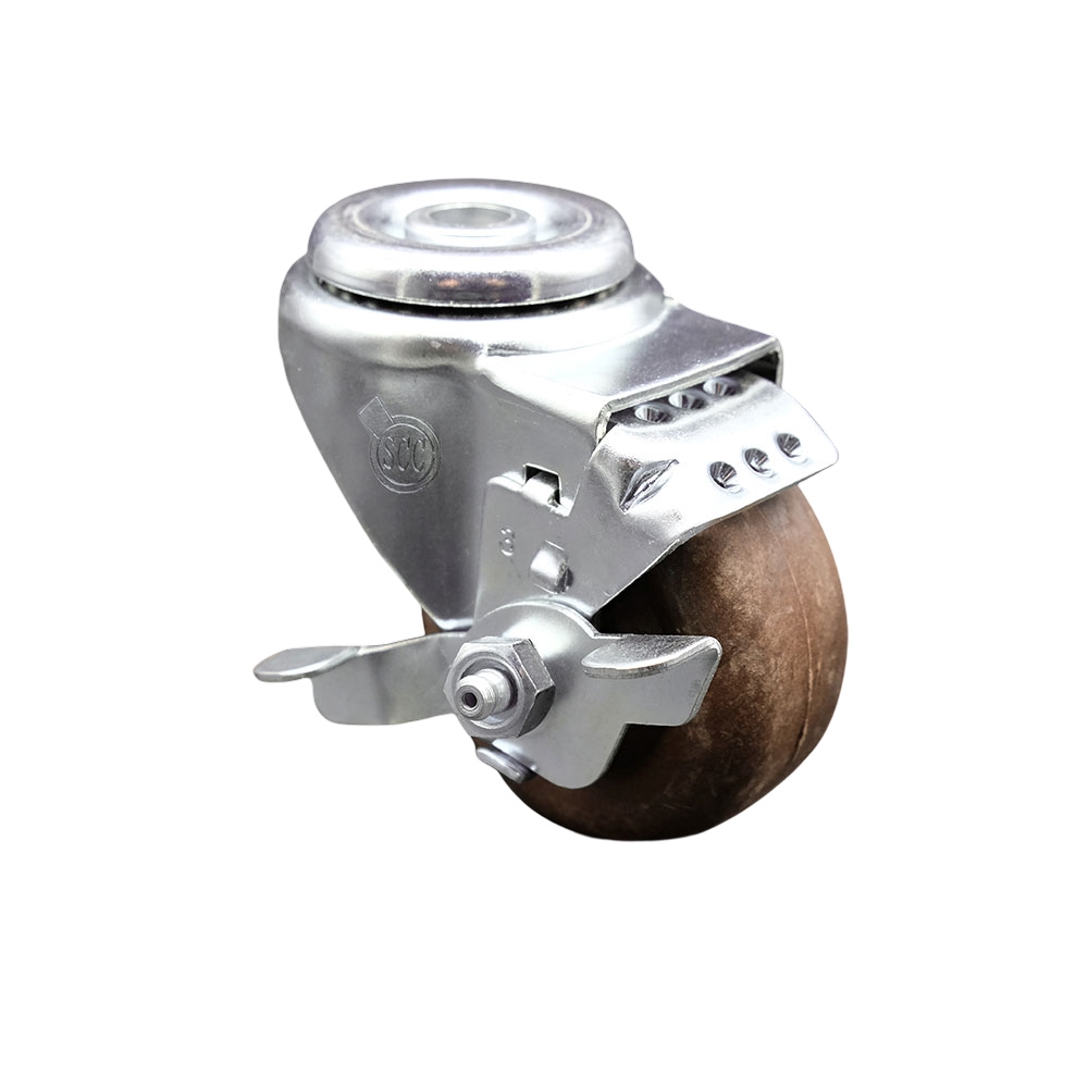 Stainless Steel High Temperature Glass Filled Nylon Swivel Bolt Hole Caster with 3 x 1.25 in. Brown Wheel & Top Locking Brake