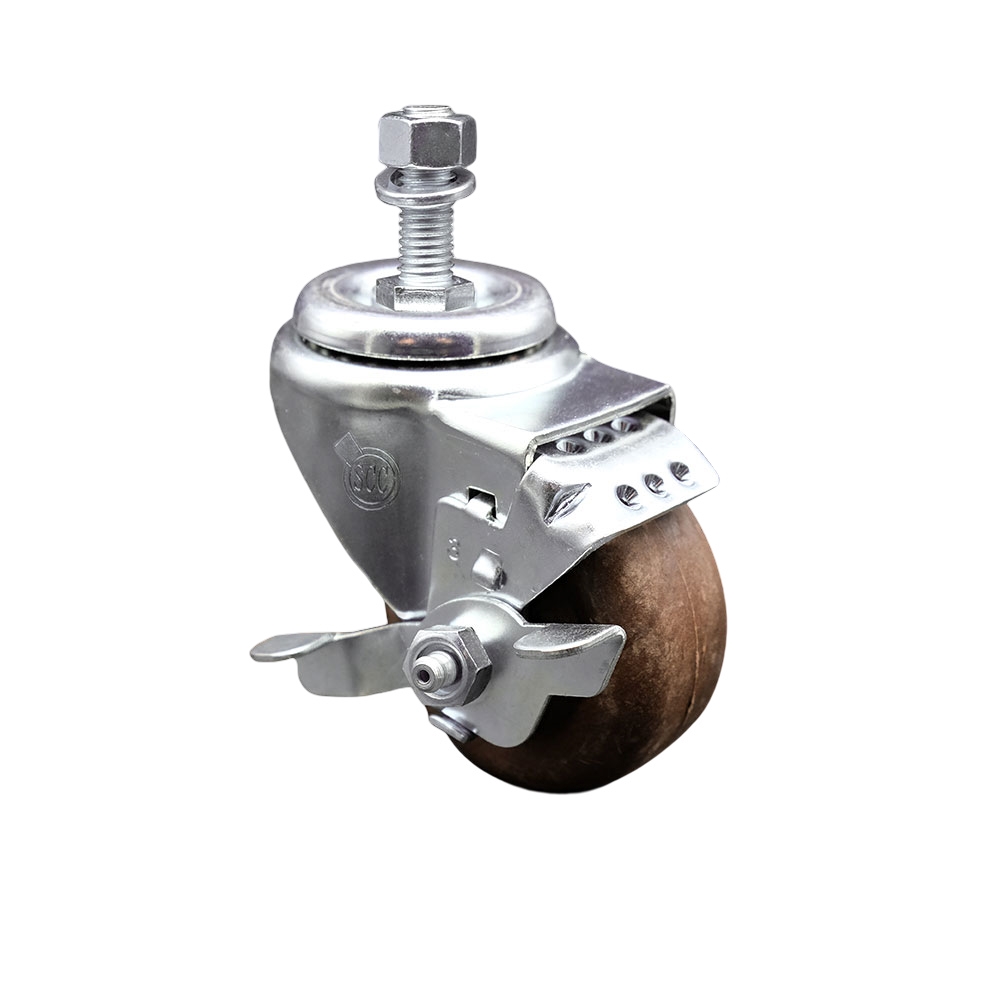 High Temperature Glass Filled Nylon Swivel Threaded Stem Caster with 3.5 x 1.25 in. Brown Wheel & 0.5 in. Stem & Top Locking Brake