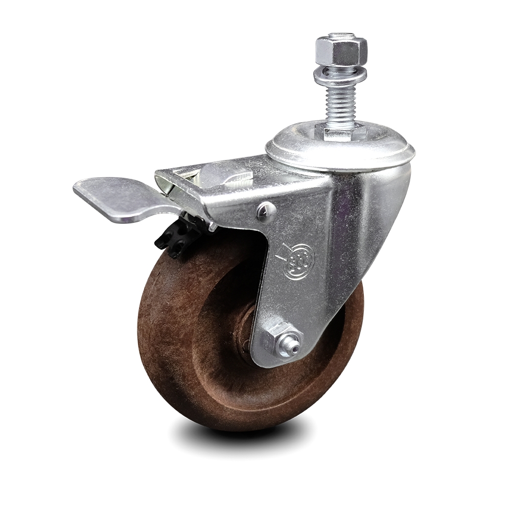 High Temperature Glass Filled Nylon Swivel Threaded Stem Caster with 4 x 1.25 in. Brown Wheel & 0.5 in. Stem & Total Locking Brake