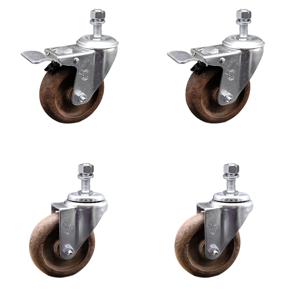 Stainless Steel High Temperature Glass Filled Nylon Swivel Threaded Stem Caster with 4 x 1.25 in. Brown Wheels & 0.5 in. Stems - Set of 4