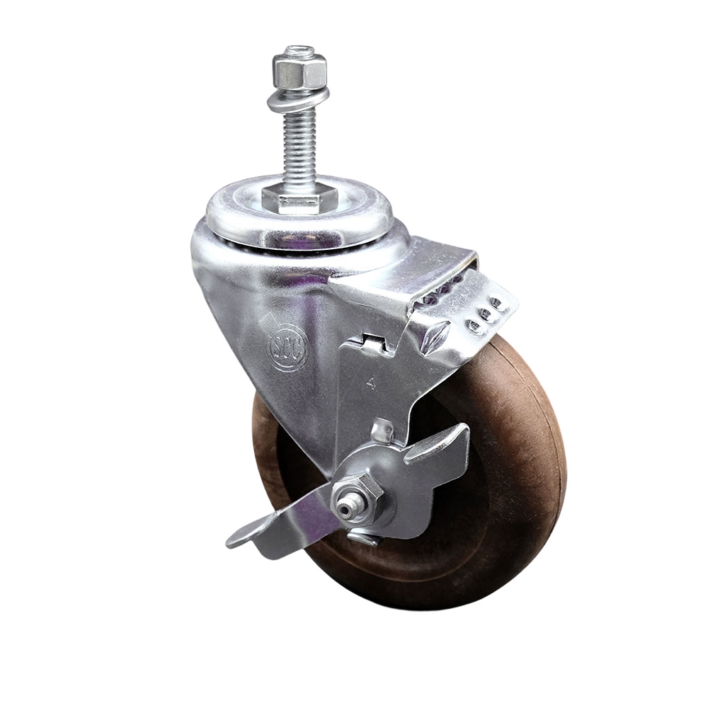 High Temperature Glass Filled Nylon Swivel Threaded Stem Caster with 4 x 1.25 in. Brown Wheel & 10 mm Stem & Top Locking Brake
