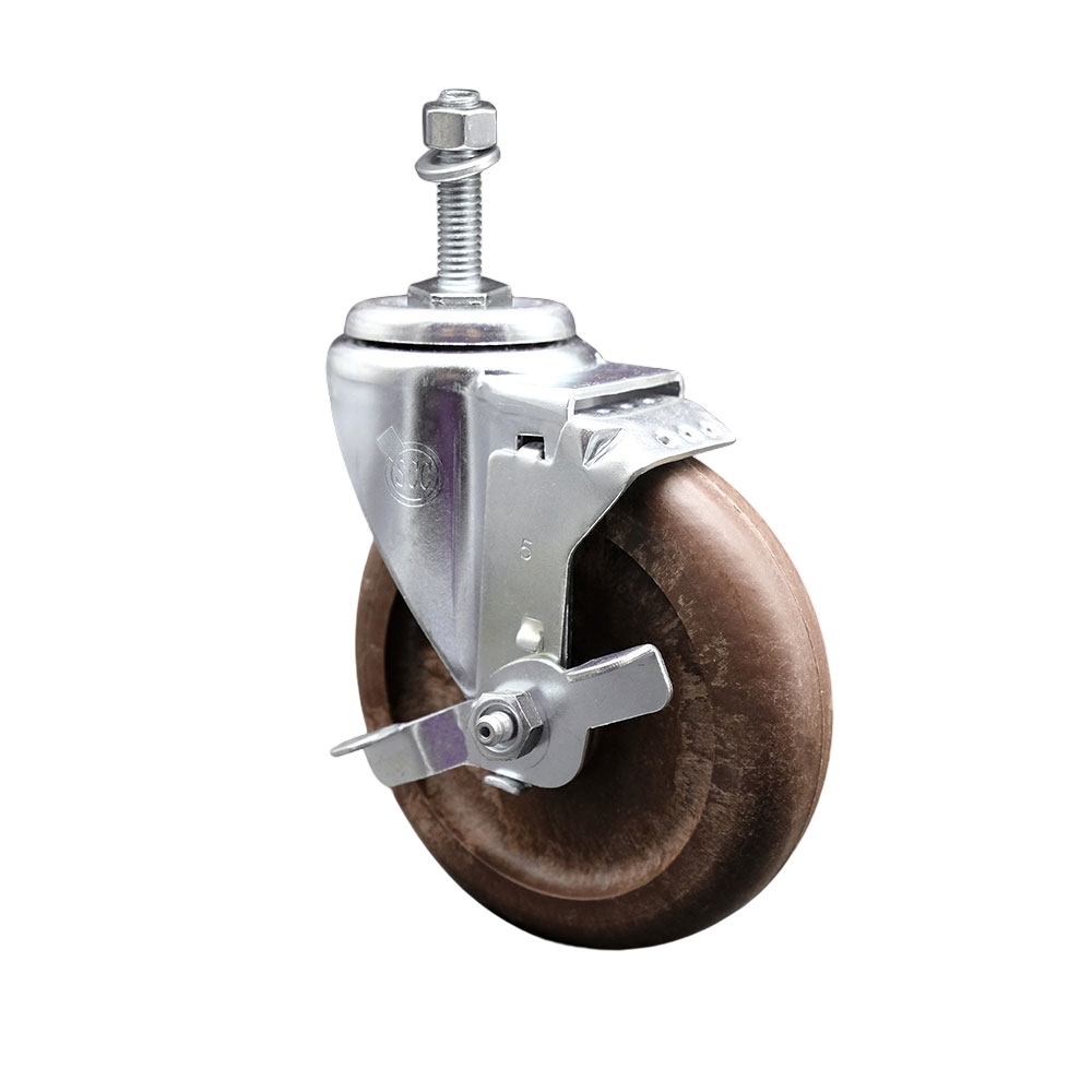 Stainless Steel High Temperature Glass Filled Nylon Swivel Threaded Stem Caster with 5 x 1.25 in. Brown Wheel & 10 mm Stem & Top Locking Brake