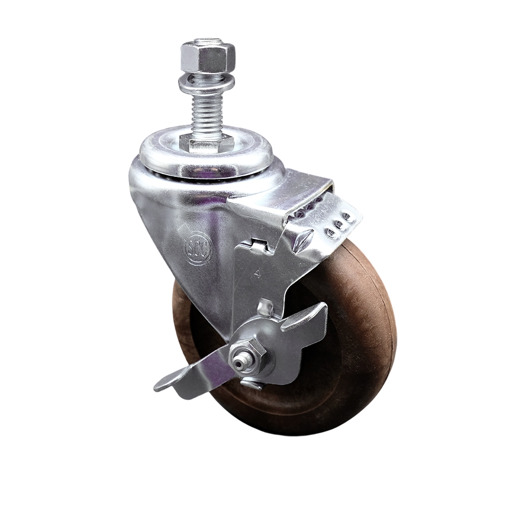 High Temperature Glass Filled Nylon Swivel Threaded Stem Caster with 4 x 1.25 in. Brown Wheel & 12 mm Stem & Top Locking Brake