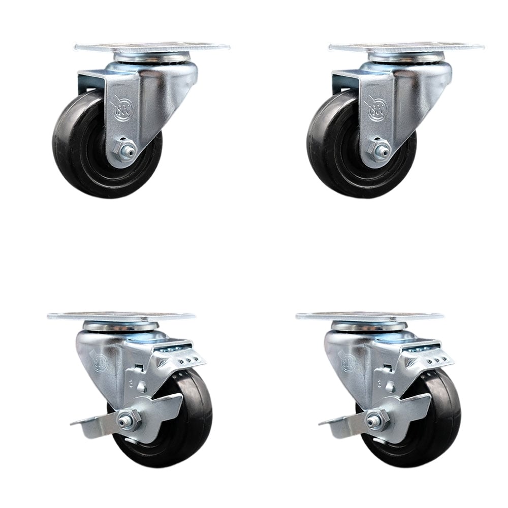 SCC-SS20S314-HRS-2-TLB-2 Stainless Steel Hard Rubber Swivel Top Plate Caster with 3 x 1.25 in. Black Wheels - Set of 4