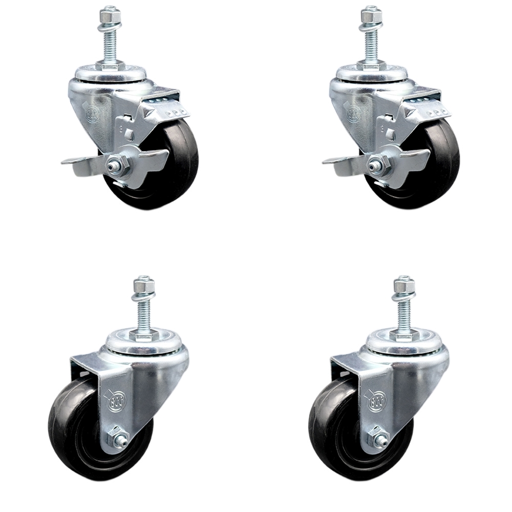 SCC-TS20S3514-HRS-381615-2-TLB-2 Hard Rubber Swivel Threaded Stem Caster with 3.5 x 1.25 in. Black Wheels & 0.38 in. Stems - Set of 4