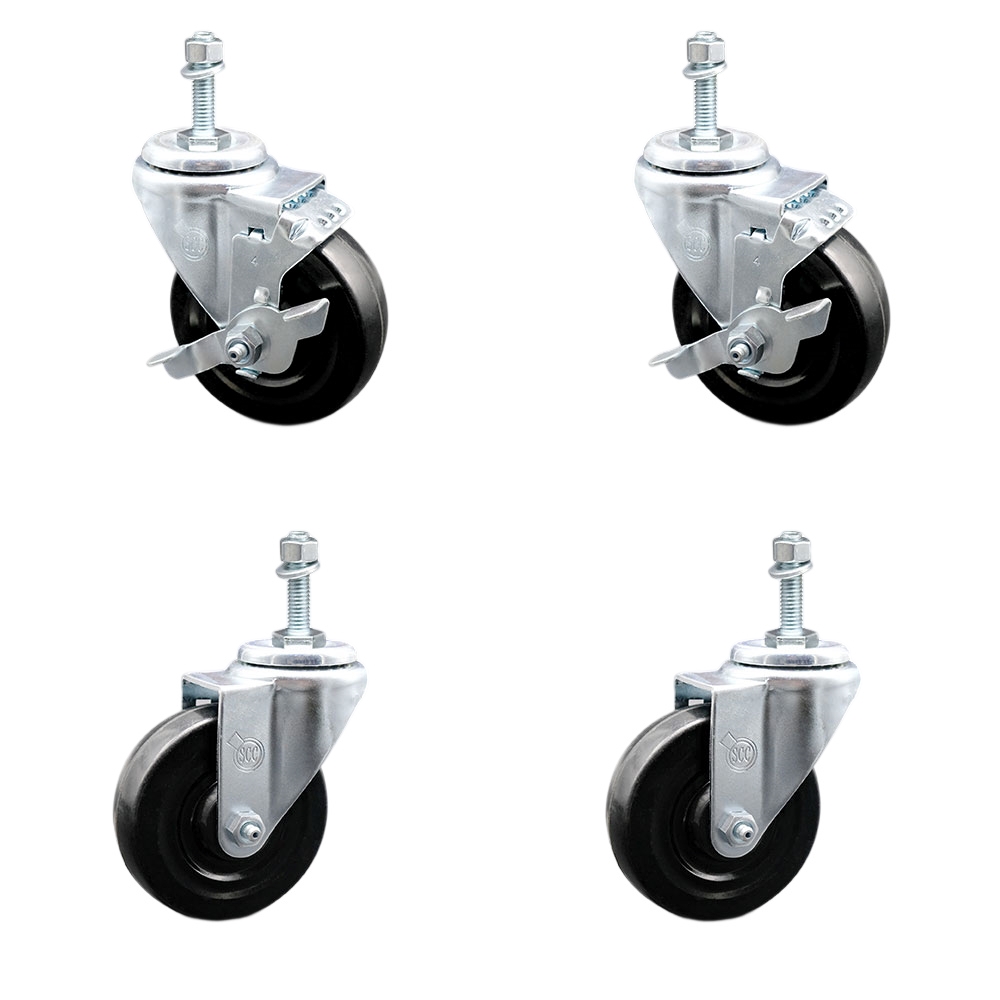 SCC-TS20S414-HRS-381615-2-TLB-2 Hard Rubber Swivel Threaded Stem Caster with 4 x 1.25 in. Black Wheels & 0.38 in. Stems - Set of 4