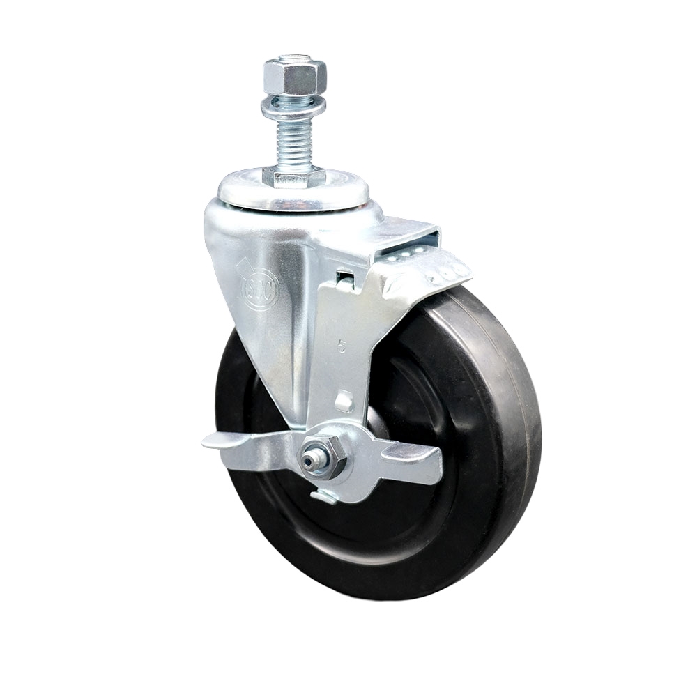 SCC-TS20S514-HRS-TLB-M1215 Hard Rubber Swivel Threaded Stem Caster with 5 x 1.25 in. Black Wheel & 12 mm Stem & Top Locking Brake