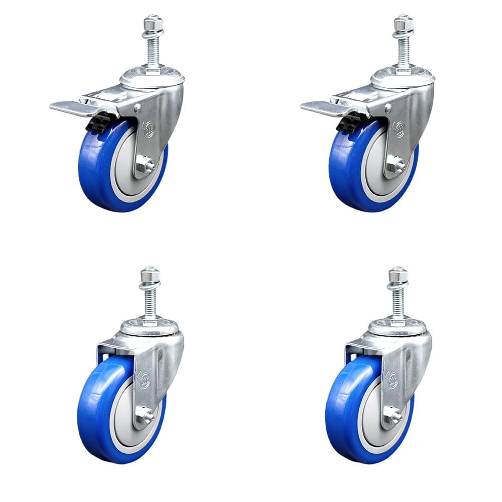 Stainless Steel Polyurethane Swivel Threaded Stem Caster with 4 x 1.25 in. Blue Wheels & 0.38 in. Stems - Set of 4