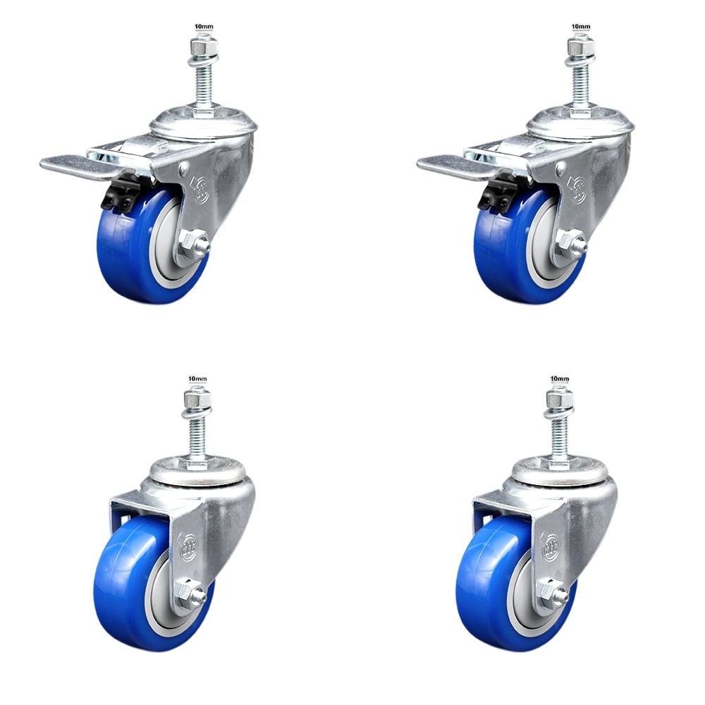 Stainless Steel Polyurethane Swivel Threaded Stem Caster with 3 x 1.25 in. Blue Wheels & 10 mm Stems - Set of 4