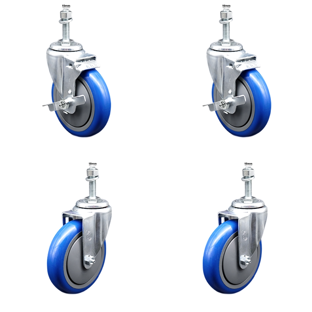Stainless Steel Polyurethane Swivel Threaded Stem Caster with 5 x 1.25 in. Blue Wheels & 10 mm Stems - Set of 4