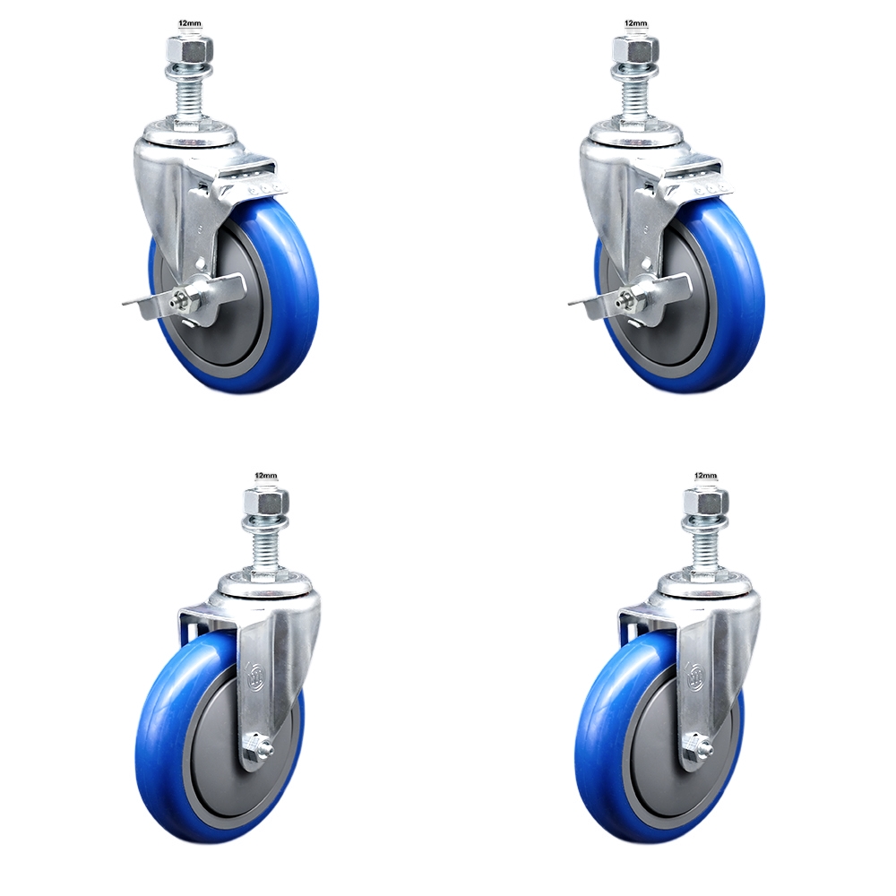 Stainless Steel Polyurethane Swivel Threaded Stem Caster with 5 x 1.25 in. Blue Wheels & 12 mm Stems - Set of 4