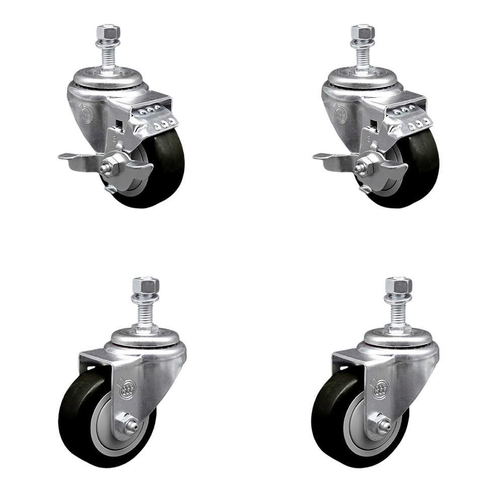 SCC-TS20S3514-PPUB-BLK-TLB-121315-2-S-2 Polyurethane Swivel Threaded Stem Caster with 3.5 x 1.25 in. Black Wheels & 0.5 in. Stems - Set of 4