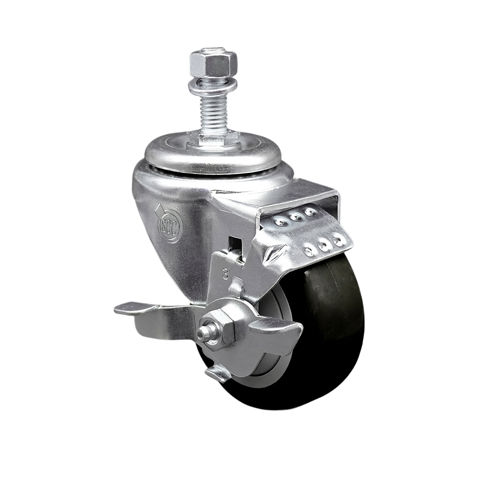 Stainless Steel Polyurethane Swivel Threaded Stem Caster with 3.5 x 1.25 in. Black Wheel & 0.5 in. Stem & Top Locking Brake