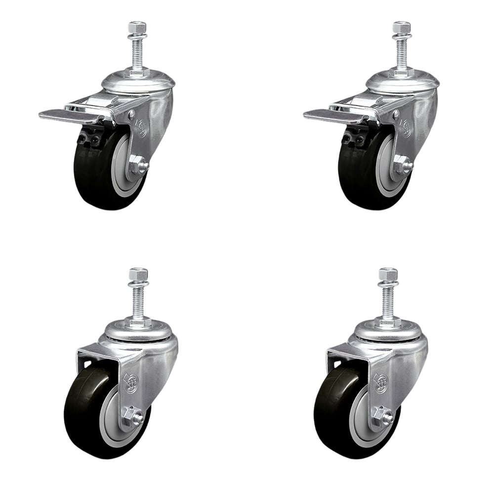 SCC-TSTTL20S314-PPUB-BLK-381615-2-S-2 Polyurethane Swivel Threaded Stem Caster with 3 x 1.25 in. Black Wheels & 0.38 in. Stems - Set of 4