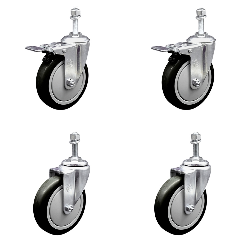 SCC-TSTTL20S514-PPUB-BLK-381615-2-S-2 Polyurethane Swivel Threaded Stem Caster with 5 x 1.25 in. Black Wheels & 0.38 in. Stems - Set of 4