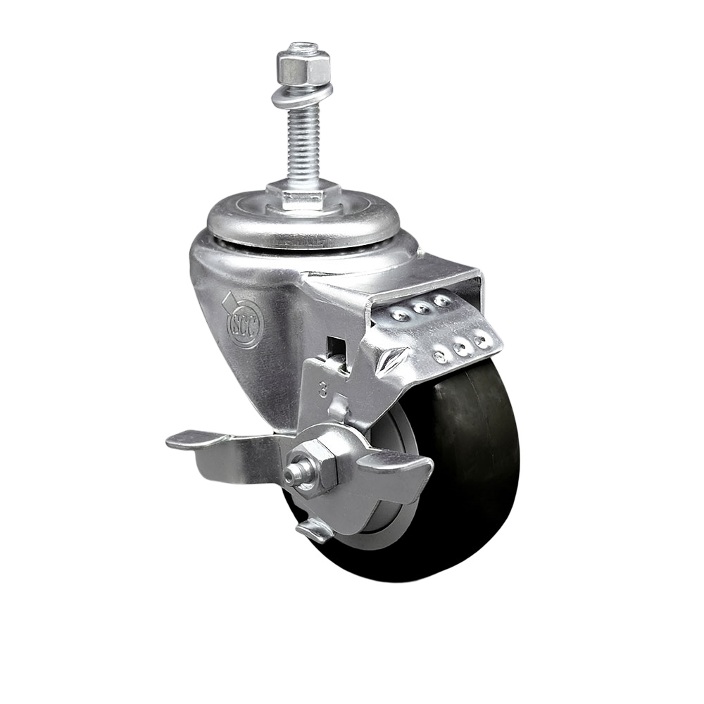 SCC-TS20S314-PPUB-BLK-TLB-M1015 Polyurethane Swivel Threaded Stem Caster with 3 x 1.25 in. Black Wheel & 10 mm Stem & Top Locking Brake