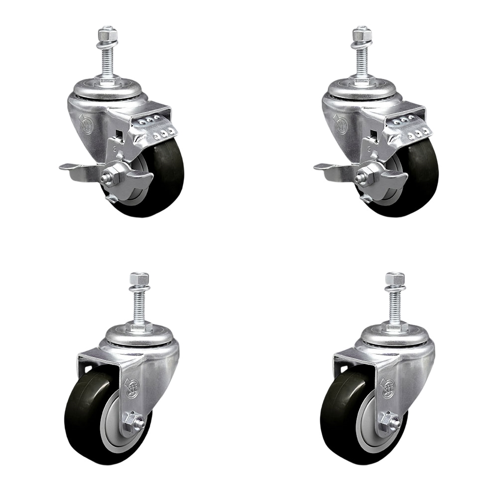 SCC-TS20S314-PPUB-BLK-TLB-M1015-2-S-2 Polyurethane Swivel Threaded Stem Caster with 3 x 1.25 in. Black Wheels & 10 mm Stems - Set of 4