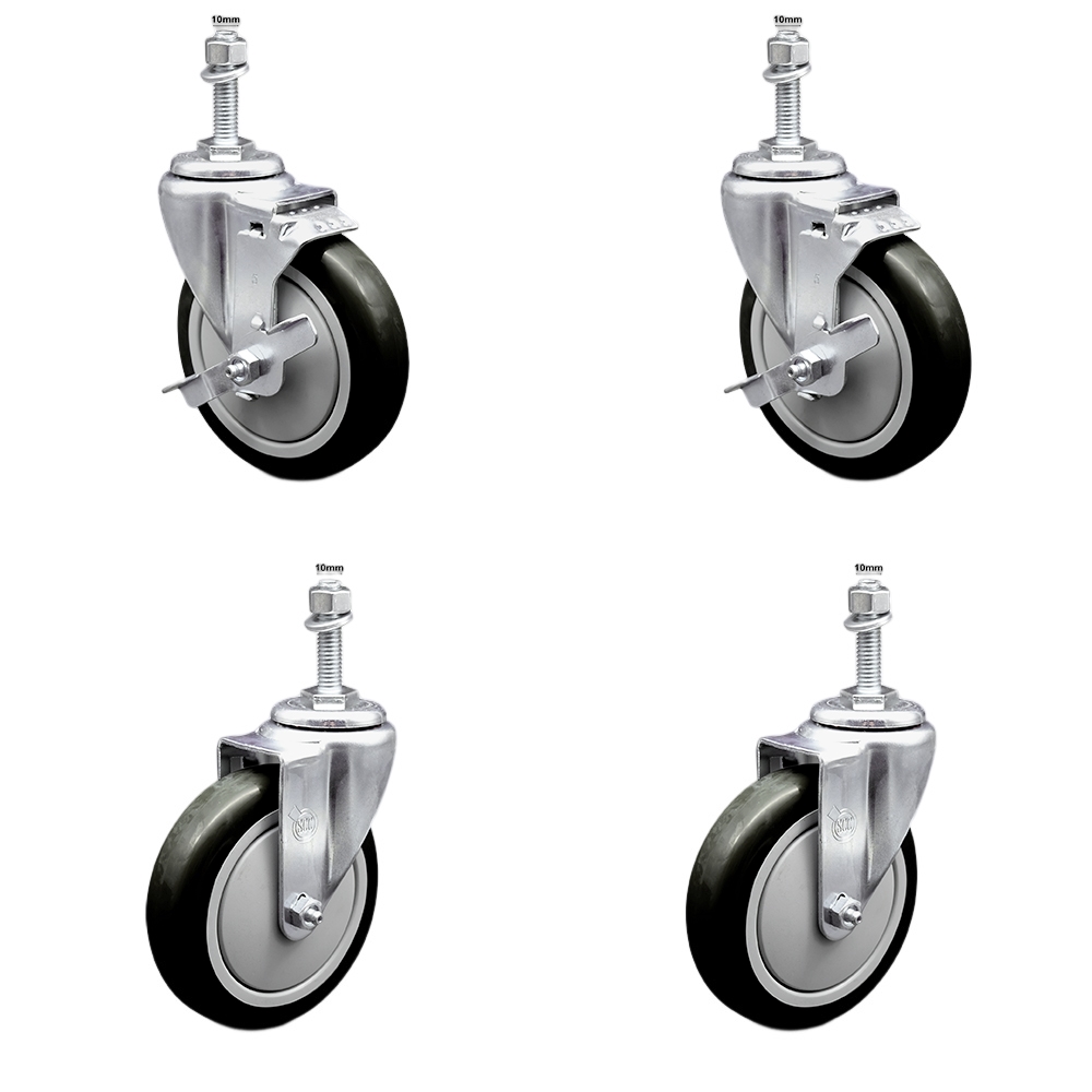 Stainless Steel Polyurethane Swivel Threaded Stem Caster with 5 x 1.25 in. Black Wheels & 10 mm Stems - Set of 4