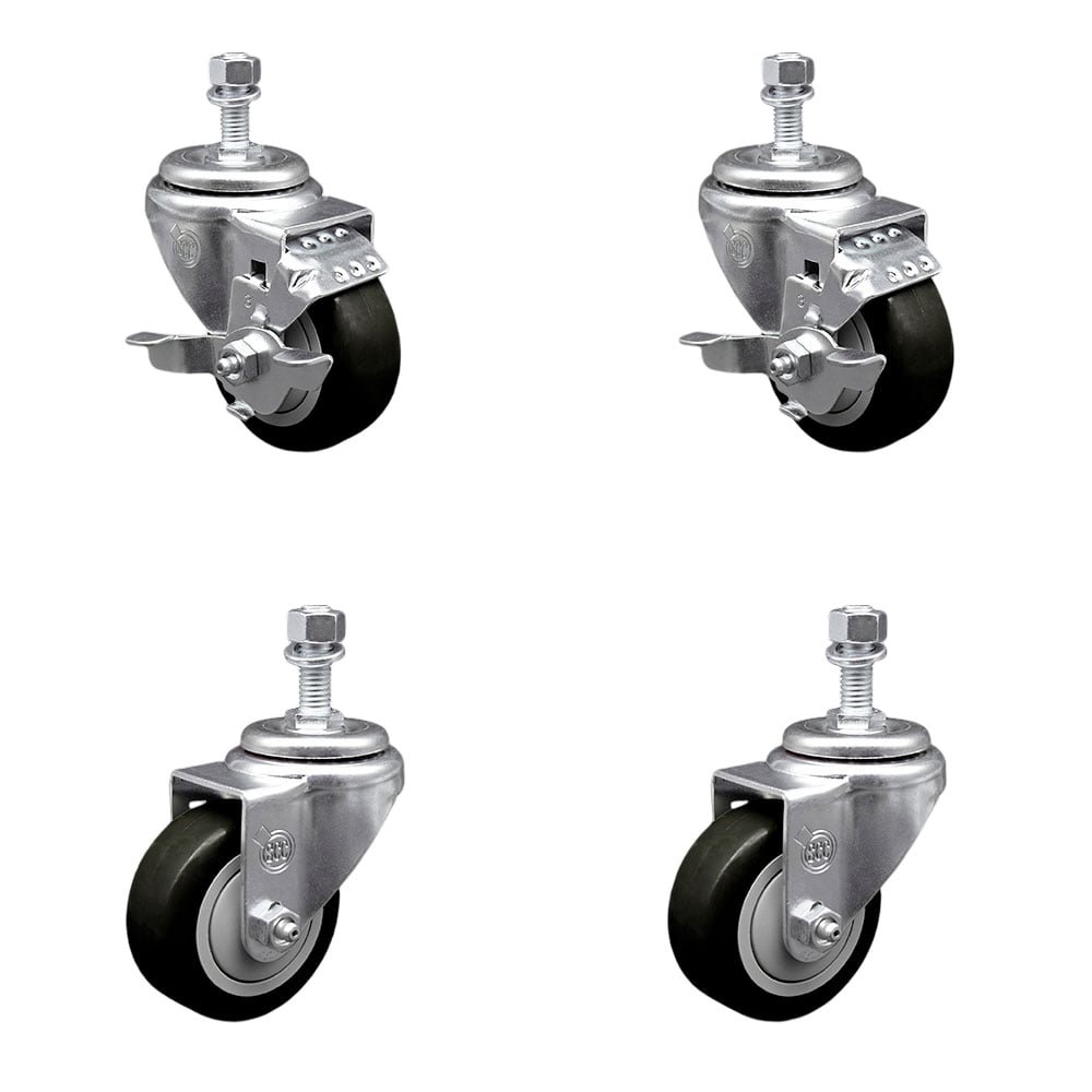 SCC-TS20S314-PPUB-BLK-TLB-M1215-2-S-2 Polyurethane Swivel Threaded Stem Caster with 3 x 1.25 in. Black Wheels & 12 mm Stems - Set of 4