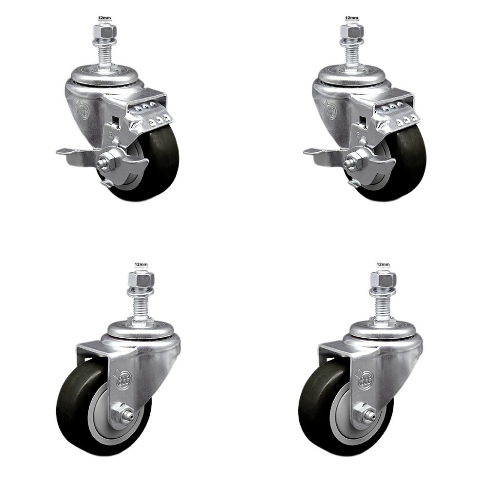 Stainless Steel Polyurethane Swivel Threaded Stem Caster with 3 x 1.25 in. Black Wheels & 12 mm Stems - Set of 4