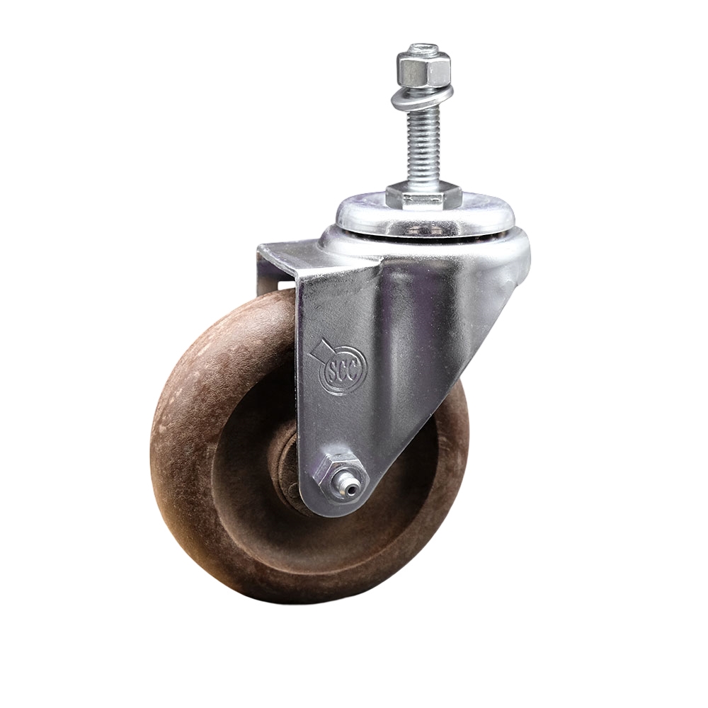 Stainless Steel High Temperature Glass Filled Nylon Swivel Threaded Stem Caster with 4 x 1.25 in. Brown Wheel & 0.38 in. Stem