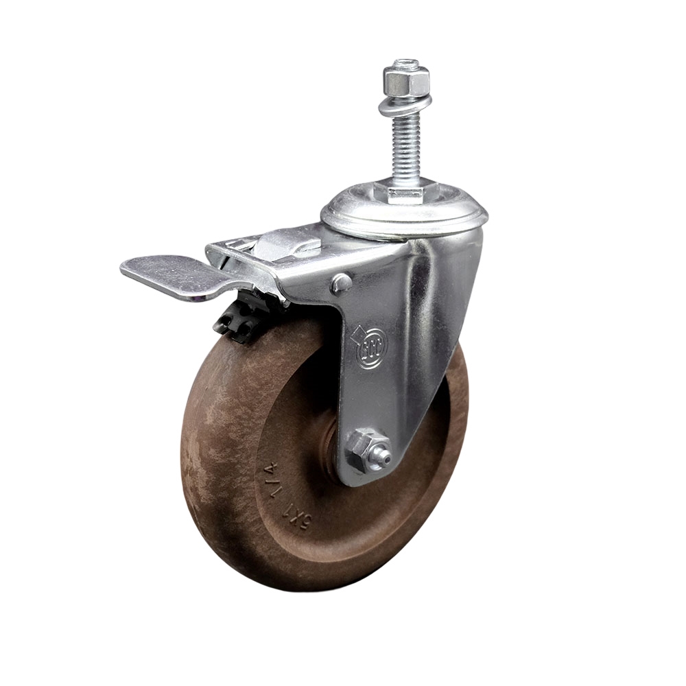 High Temperature Glass Filled Nylon Swivel Threaded Stem Caster with 5 x 1.25 in. Brown Wheel & 10 mm Stem & Total Locking Brake