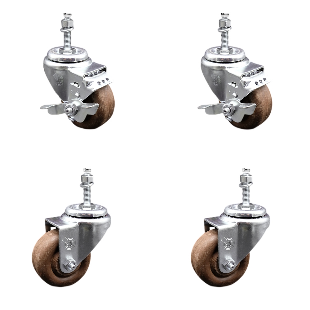 Stainless Steel High Temperature Glass Filled Nylon Swivel Threaded Stem Caster with 3.5 x 1.25 in. Brown Wheels & 10 mm Stems - Set of 4
