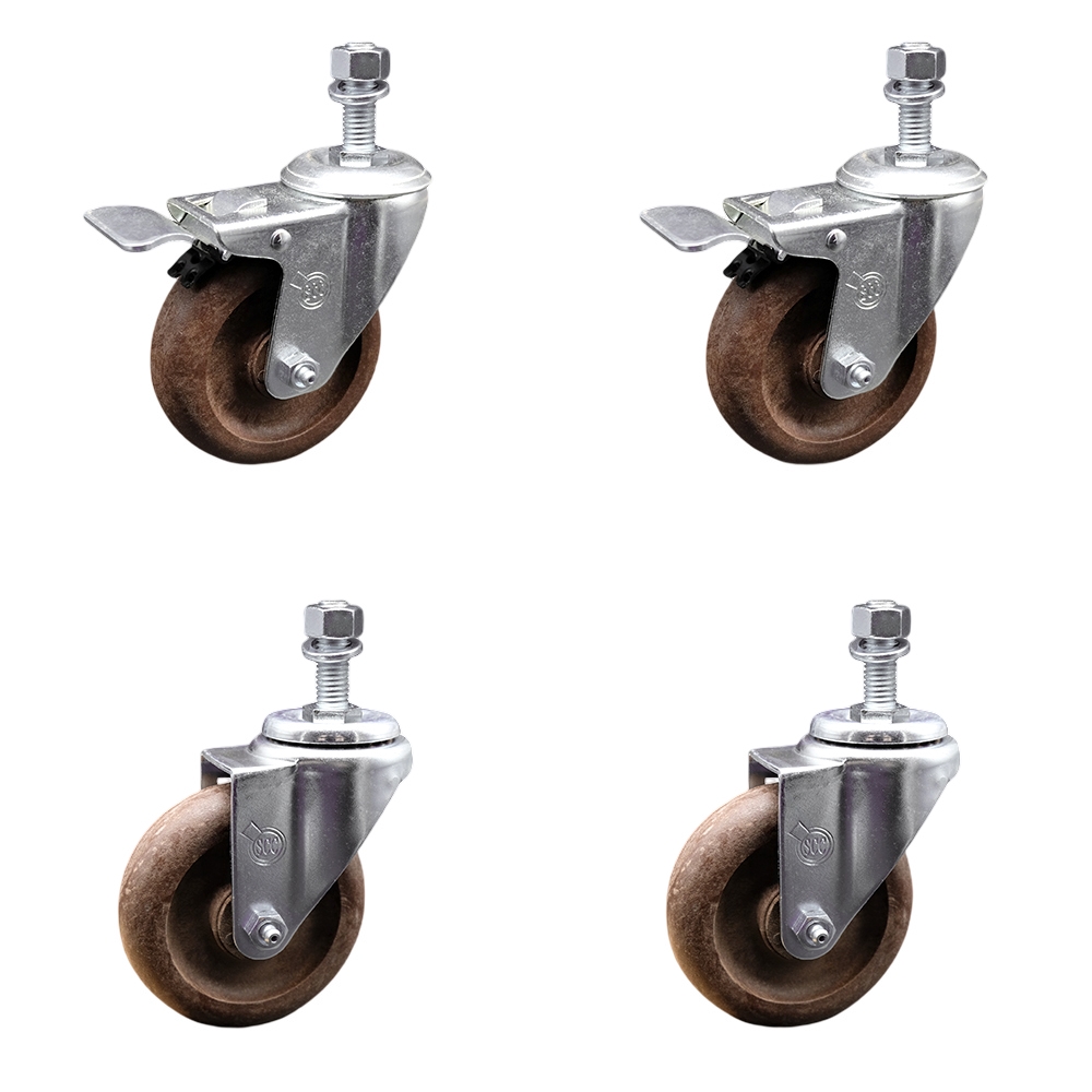 High Temperature Glass Filled Nylon Swivel Threaded Stem Caster with 4 x 1.25 in. Brown Wheels & 12 mm Stems - Set of 4