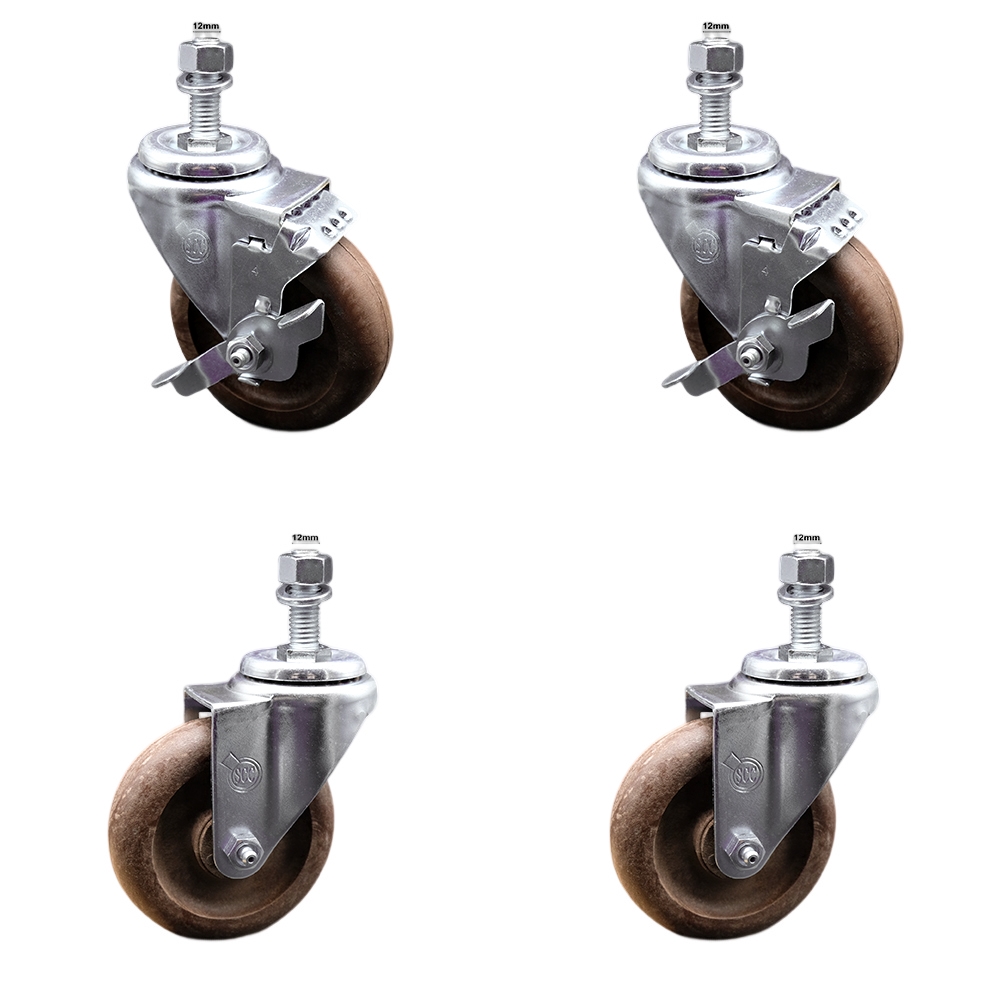 Stainless Steel High Temperature Glass Filled Nylon Swivel Threaded Stem Caster with 4 x 1.25 in. Brown Wheels & 12 mm Stems - Set of 4