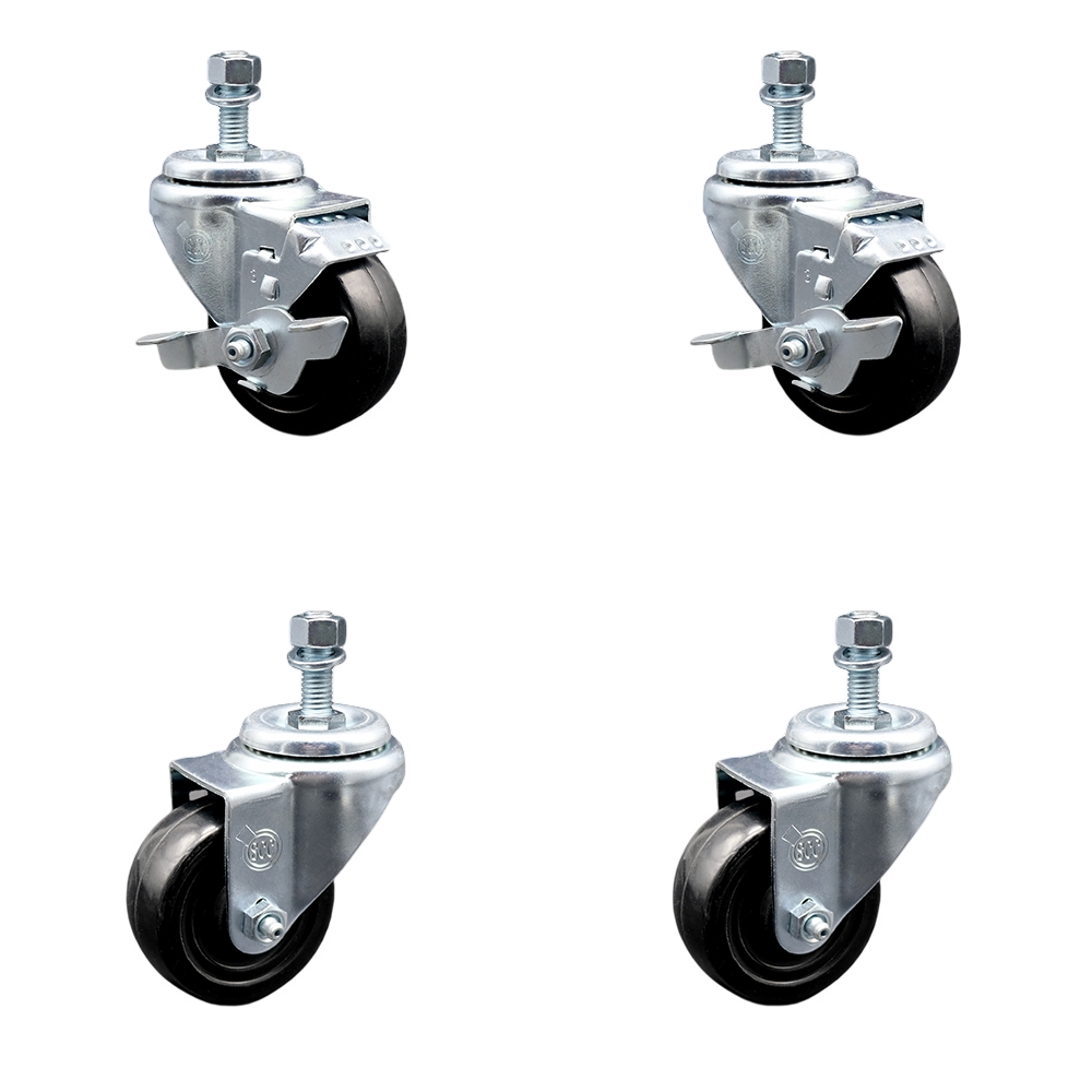 SCC-TS20S314-HRS-121315-2-TLB-2 Hard Rubber Swivel Threaded Stem Caster with 3 x 1.25 in. Black Wheels & 0.5 in. Stems - Set of 4