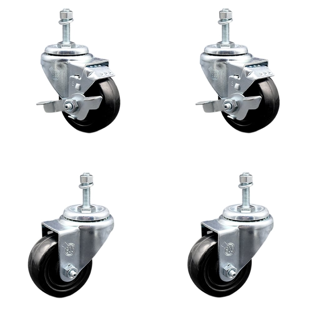 SCC-TS20S314-HRS-381615-2-TLB-2 Hard Rubber Swivel Threaded Stem Caster with 3 x 1.25 in. Black Wheels & 0.38 in. Stems - Set of 4