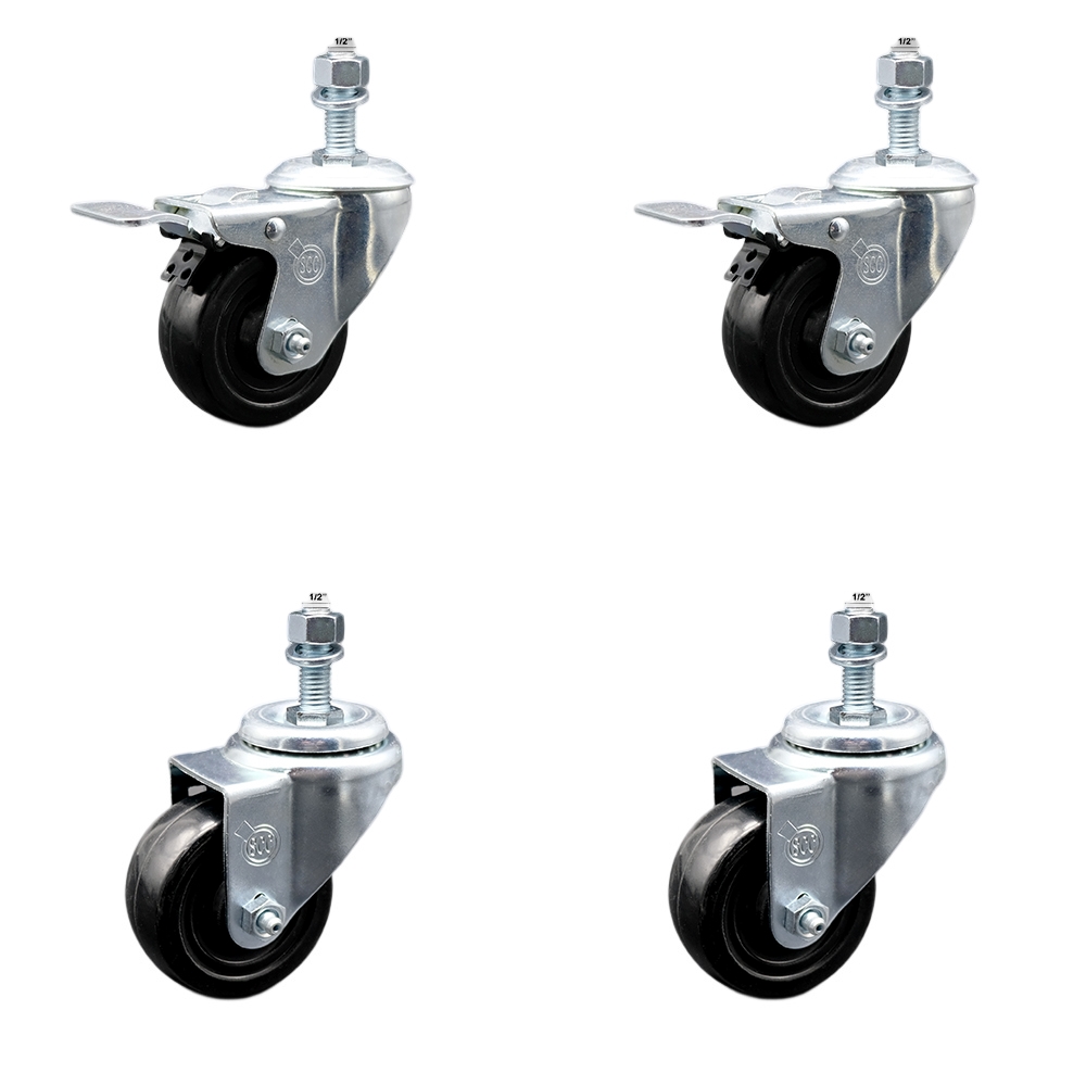 SCC-SSTSTTL20S314-HRS-121315-2-S-2 Stainless Steel Hard Rubber Swivel Threaded Stem Caster with 3 x 1.25 in. Black Wheels & 0.5 in. Stems - Set of 4