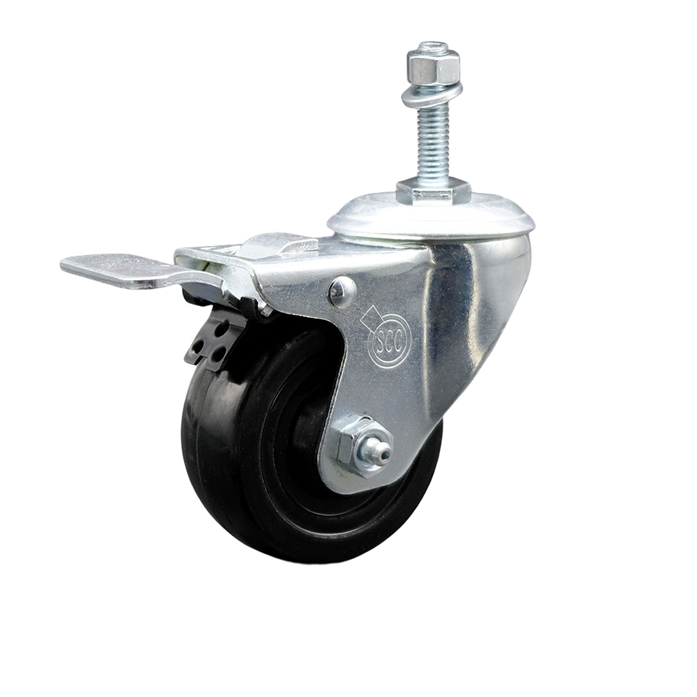 Stainless Steel Hard Rubber Swivel Threaded Stem Caster with 3.5 x 1.25 in. Black Wheel & 10 mm Stem & Total Locking Brake