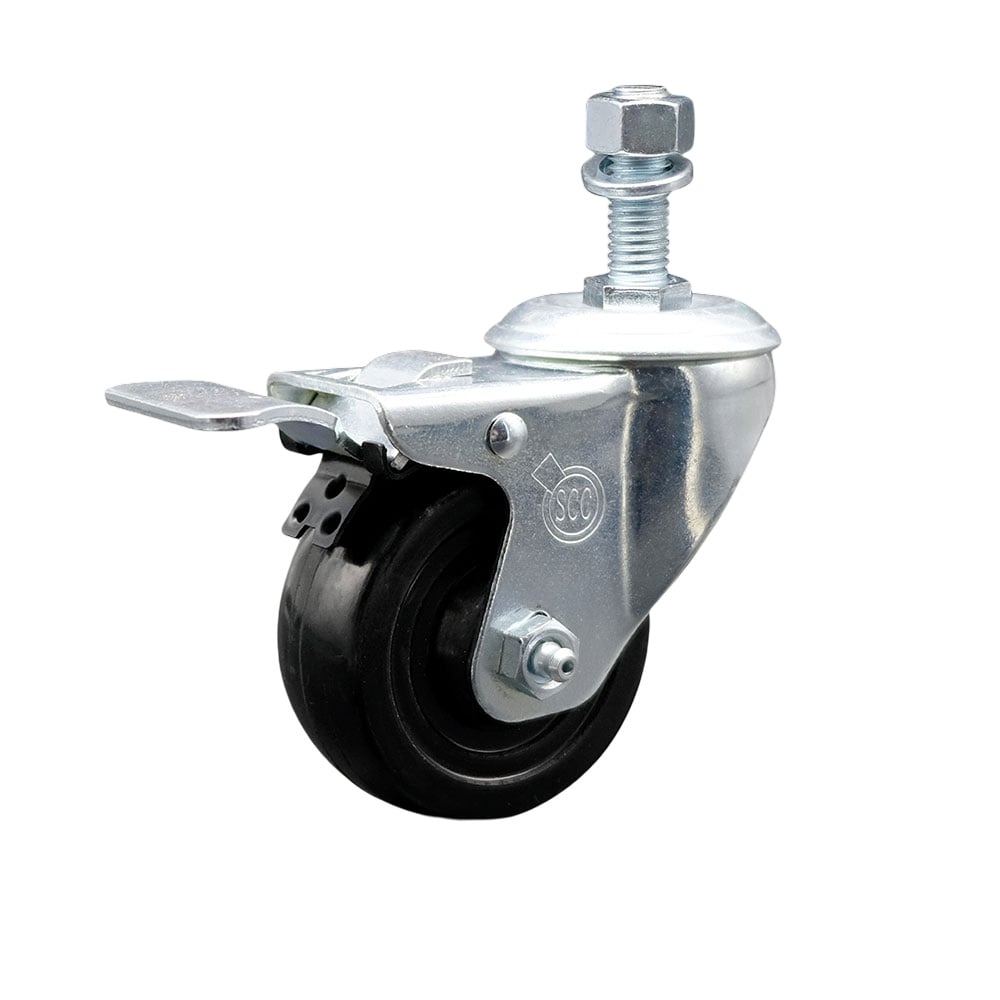 Stainless Steel Hard Rubber Swivel Threaded Stem Caster with 3.5 x 1.25 in. Black Wheel & 12 mm Stem & Total Locking Brake